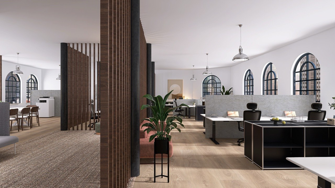 Coworking Space Leipzig — Arbeitsplätze, Holzlamellen, Pflanze