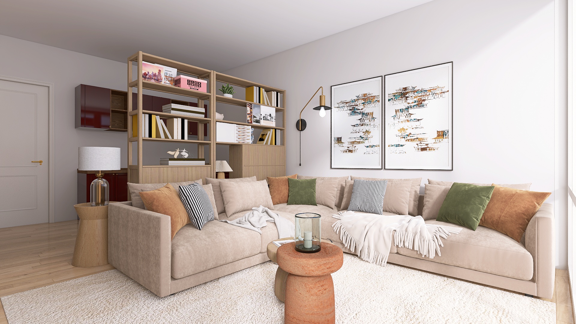 Helles Wohnzimmer mit beigem Sofa und Holzregal